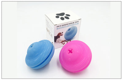 Blue TPR pet toy ball with textured surface, designed for food dispensing and molar training, with kibble scattered around. - Image 11