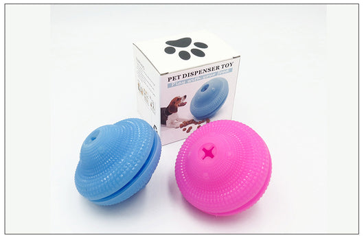 Blue TPR pet toy ball with textured surface, designed for food dispensing and molar training, with kibble scattered around. - Image 11