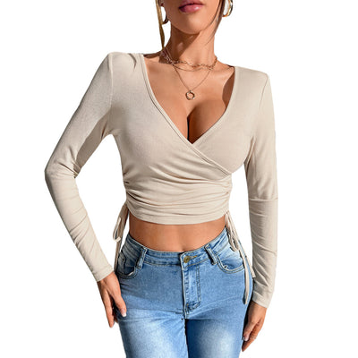Blusa Ajustada de Cuello en V con Amarre en Cintura - Manga Larga Otoño Invierno - Image 5