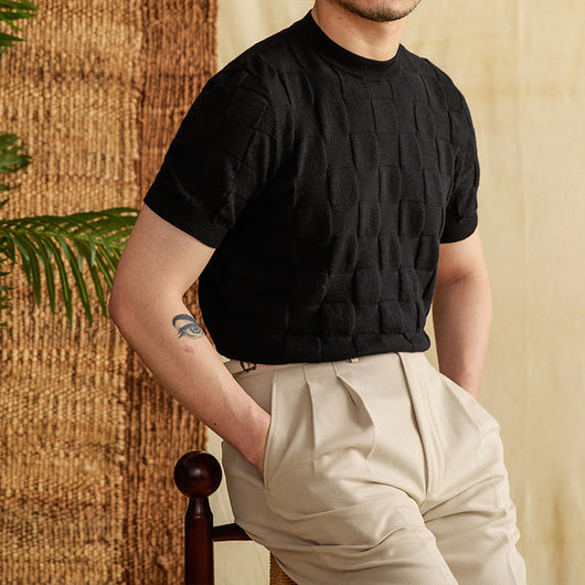 Camiseta Hombre Verano Algodón Ramio Cuello Redondo Estampado Cuadros - Image 4