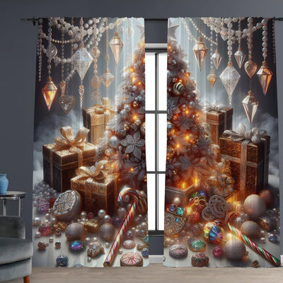 Christmas curtain with a snowy village scene, Santa Claus, flying reindeer, and piles of wrapped gifts. - Image 4
