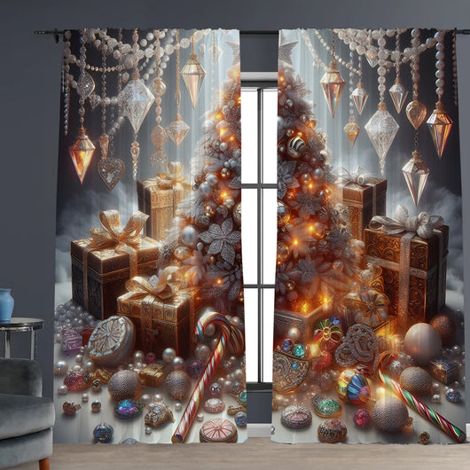 Christmas curtain with a snowy village scene, Santa Claus, flying reindeer, and piles of wrapped gifts. - Image 4