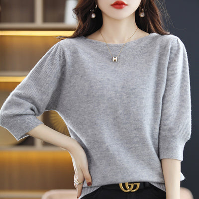 Blusa Suelta de Cuello Redondo Manga Corta Siete Puntos para Mujer