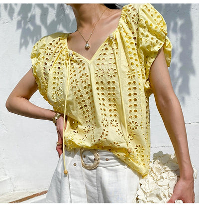 Blusa Bordada Estilo Vacacional Manga Corta Diseño Francés de Verano - Image 26
