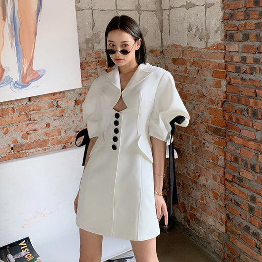 Vestido Blanco con Moño y Mangas Puff Diseño Exclusivo - Image 9