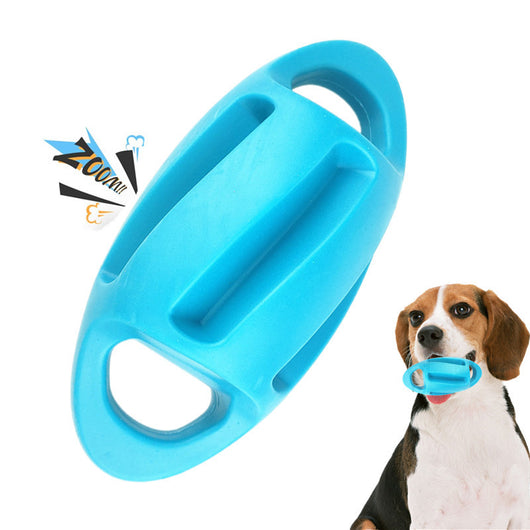 Blue TPE dog toy with an oval shape, two handles, and ridges, designed for vocal play and floating in water. - Image 7