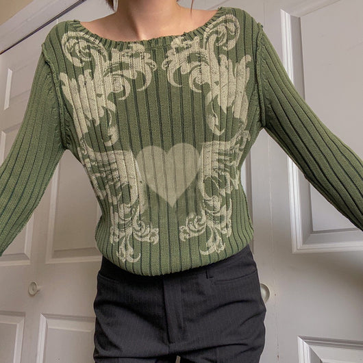 Suéter Vintage con Estampado Verde Claro Manga Larga - Image 2