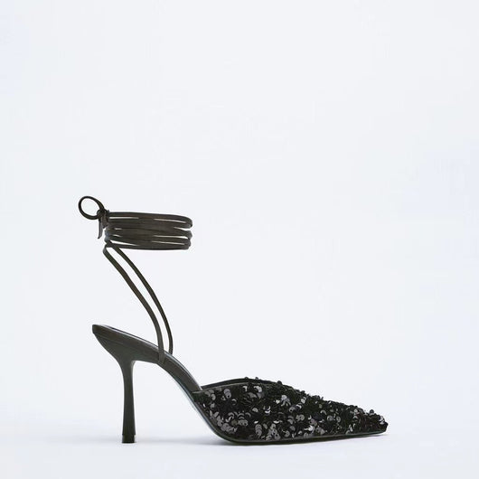 Mulas Tacón Alto con Lentejuelas Negras y Azules - Image 3