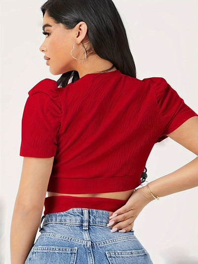 Blusa Ajustada de Manga Corta Abullonada con Cuello Redondo en Tela Acanalada - Image 11