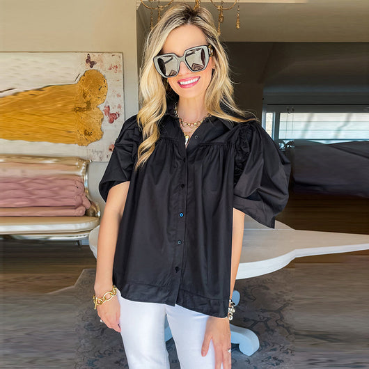 Camisa Suelta de Color Liso para Mujer con Botones Múltiples