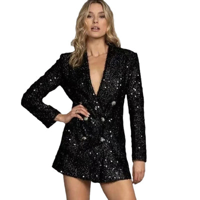 Blusa Larga Negra Mujer Cuello V Doble Botonadura con Lentejuelas Ajustada - Image 9