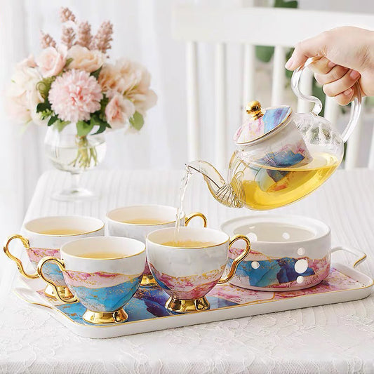 Juego de Tazas de Té en Cerámica y Vidrio con Diseño Floral Inglés