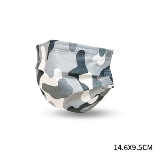 Blue camouflage disposable face mask with pleats and ear loops, featuring shades of blue and white. - Image 19