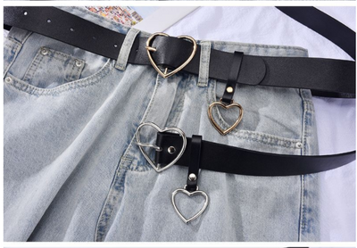 Black imitation leather belt with a silver heart-shaped pin buckle and a dangling heart charm. - Image 8