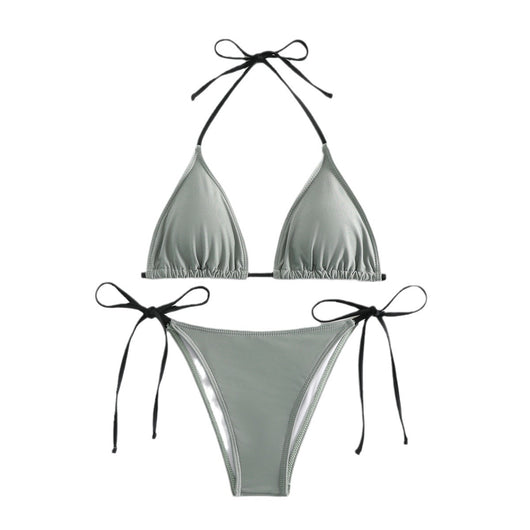 Neon yellow halter bikini with triangle top and tie-side bottoms, displayed on a light wood surface. - Image 2