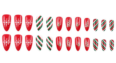 Set de 24 Uñas Postizas Navideñas con Diseños de Sombreros, Rayas y Copos de Nieve - Image 26