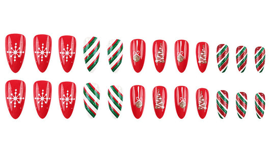 Set de 24 Uñas Postizas Navideñas con Diseños de Sombreros, Rayas y Copos de Nieve - Image 26
