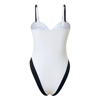 White one-piece women's swimsuit with black side panels and straps, featuring a ruched bust and U-shaped detail. - Image 15