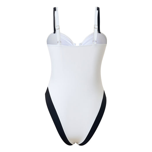 White one-piece women's swimsuit with black side panels and straps, featuring a ruched bust and U-shaped detail. - Image 15