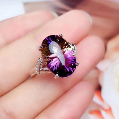 Anillo de Amatista Plata Esterlina Temperamento Minimalista Oversized