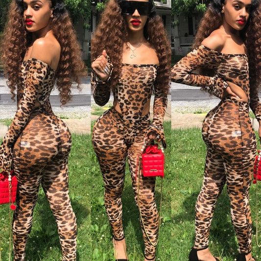 Jumpsuit Leopardo Ajustado de Manga Larga Cuello Alto