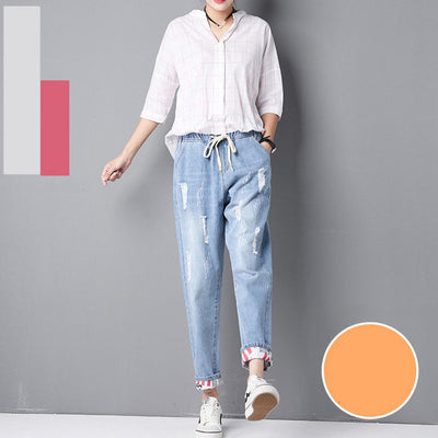 Pantalones Holgados Talla Grande con Roturas y Puños Ajustados