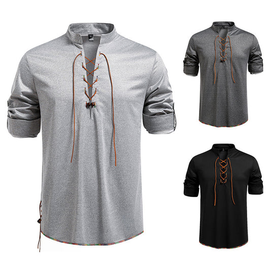 Camiseta Manga Larga con Cuello Alzado y Cordones para Hombre