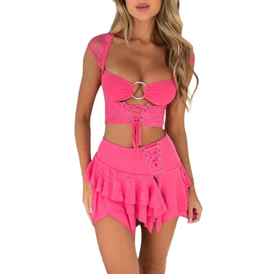 Hot pink U-shaped V-iron bikini top with silver O-ring and lace-up detail, paired with a matching ruffled mini skirt. - Image 5