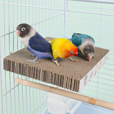 Three colorful lovebirds on a rectangular corrugated cardboard platform with screws, attached to a white bird cage. - Image 6