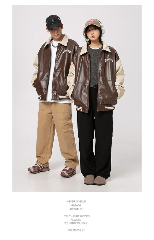Chaqueta de Cuero PU Estilo Retro Americano con Letras Bordadas para Hombre - Image 9