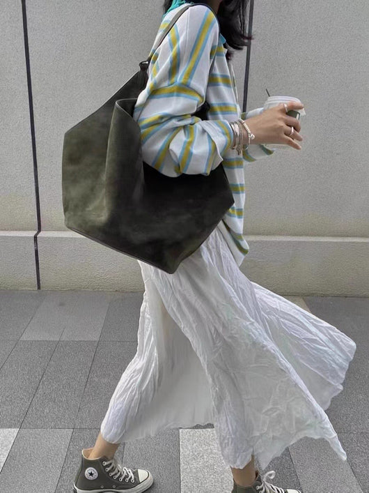 Bolso Bucket de Cuero Genuino Ante Esmerilado Gran Capacidad - Image 47