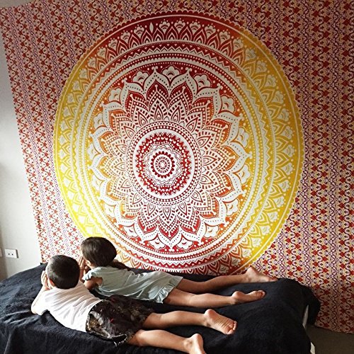 Black and white mandala tapestry with intricate floral and geometric patterns hanging on a bedroom wall. - Image 6