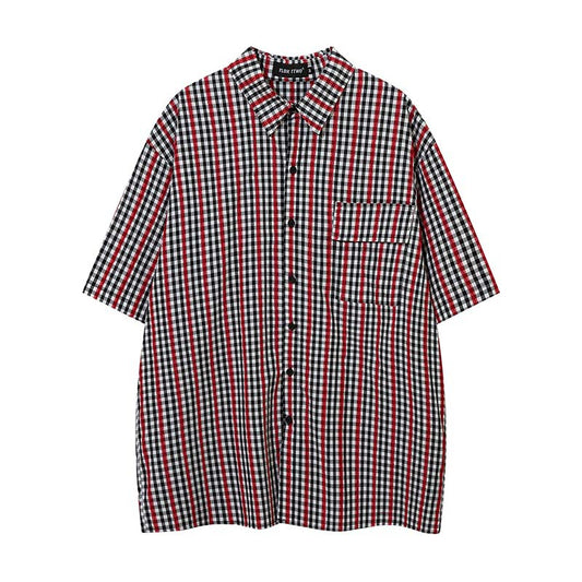 Camisa de Manga Corta con Estampado Cuadros y Bloques de Color - Estilo Vintage Americano para Hombre