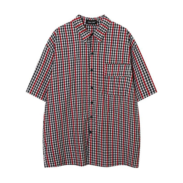 Camisa de Manga Corta con Estampado Cuadros y Bloques de Color - Estilo Vintage Americano para Hombre