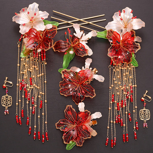 Tocado Estilo Antiguo con Flores Rojas y Flecos - Corona de Pelo Nupcial - Image 13