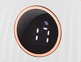 Pink spherical humidifier with a white top, ribbed texture, rose gold band, and a digital display showing 73%. - Image 17