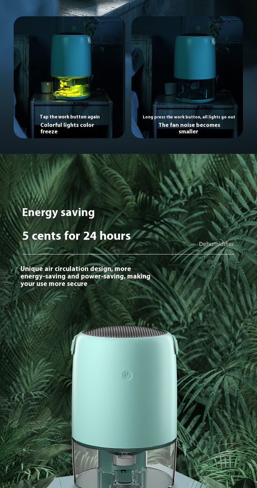 White compact dehumidifier with a transparent water tank, featuring a top grille and a power button. Highlights smart start, defrost, night mode, and quiet oper - Image 12