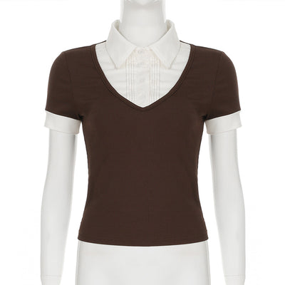 Playera Polo Retro Americana con Costuras Superpuestas para Mujer - Image 25