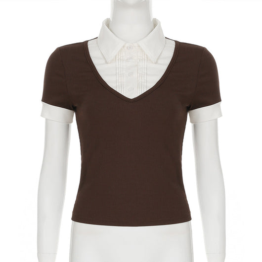 Playera Polo Retro Americana con Costuras Superpuestas para Mujer - Image 25