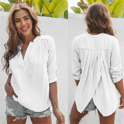 Camiseta Casual de Cuello V y Manga Larga Color Sólido - Image 12