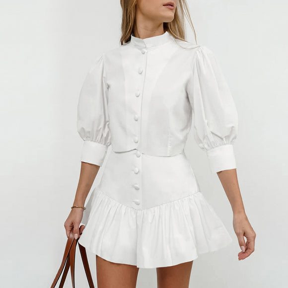 Conjunto Dos Piezas Falda Corta y Blusa de Manga Linterna para Mujer