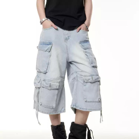 Pantalones Cortos Cargo Denim Retro Multibolsillos para Mujer - Verano Suelto Efecto Lavado - Image 7