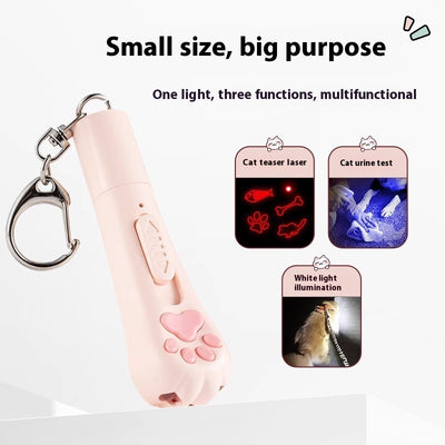 Pink cat paw pen light toy with red laser, UV light for urine detection, and white LED illumination, featuring a keychain. - Image 6