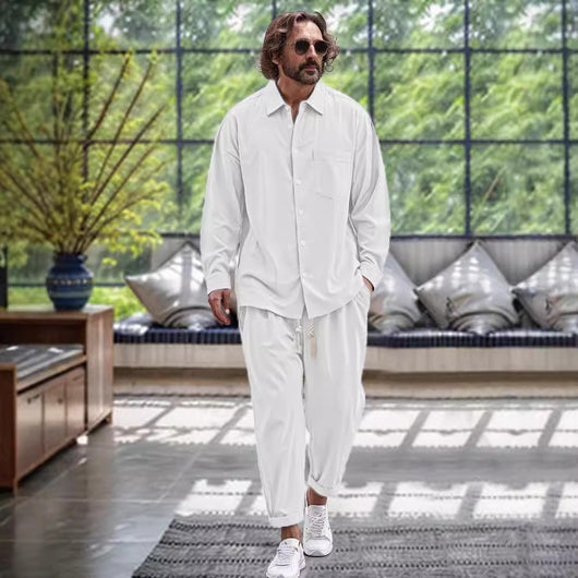 Conjunto de Dos Piezas: Camisa de Algodón y Lino + Pantalón Holgado de Manga Larga - Image 4