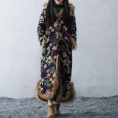 Chaqueta Acolchada Étnica de Lino y Algodón con Cuello de Pelaje y Capucha - Image 9