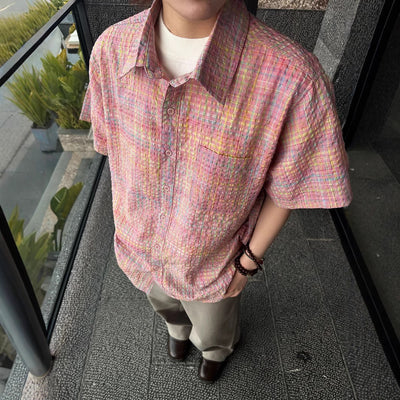 Camisa Cuadriculada Seersucker Suelta para Hombre - Manga Corta Verano