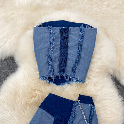 Conjunto Denim Tube Top con Falda Corta Irregular - Image 19