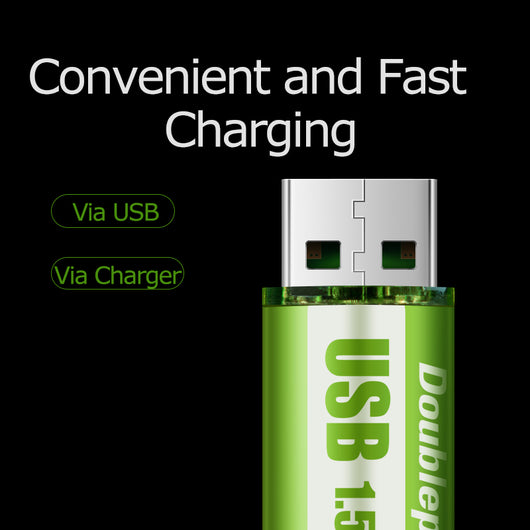 Two green USB rechargeable AA batteries with 1.5V constant voltage, labeled "Doublepow" and "USB 1.5V". - Image 3