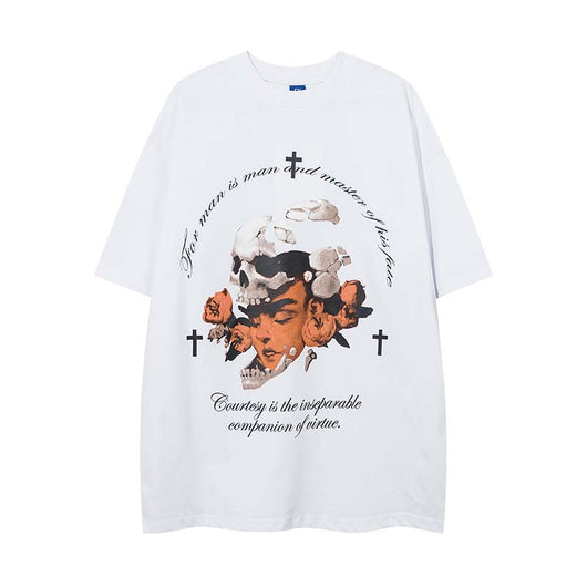 Camiseta Casual Estilo Urbano con Estampado Calavera y Letras Retro - Image 3