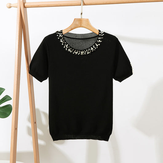 Blusa Suelta de Cuello Redondo con Cuentas en Colores Sólidos - Image 6